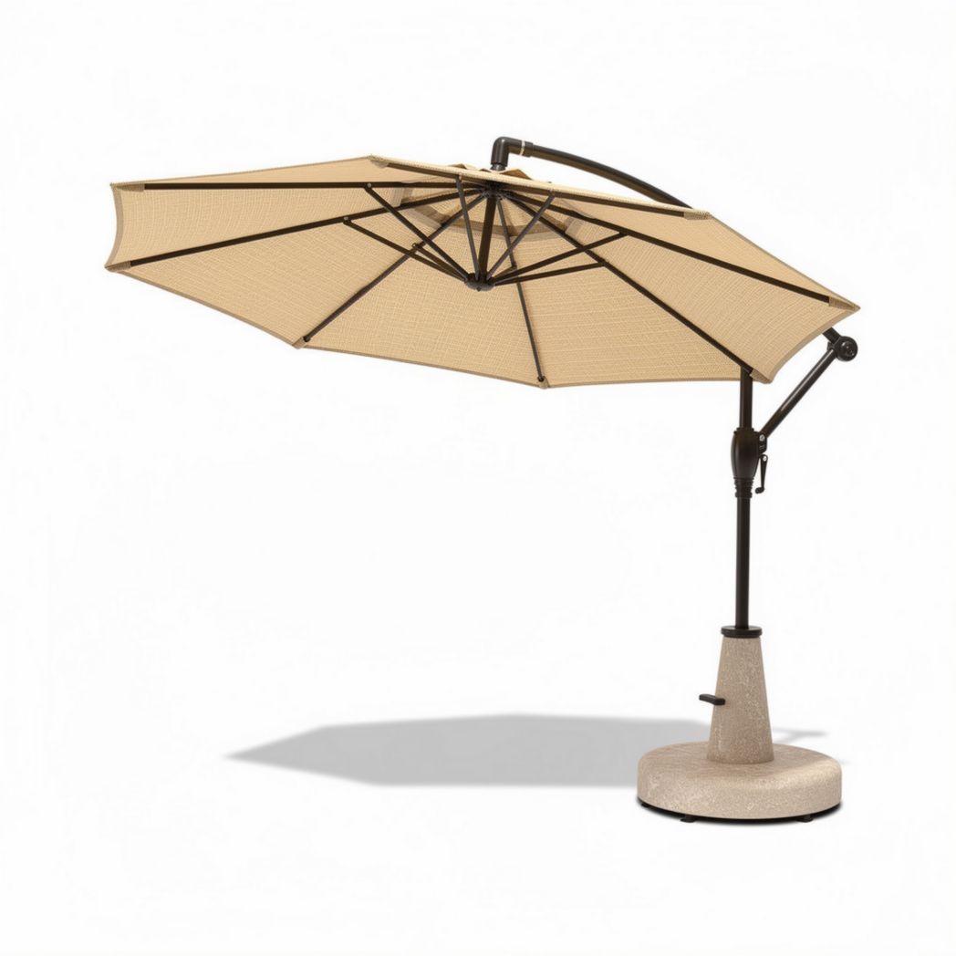 Ombrellone da giardino in tessuto beige con struttura in alluminio e base in cemento 150 x 250 x 250cm