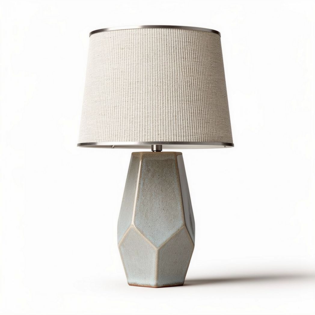 Lampada da tavolo geometrica in ceramica blu con paralume tela 30 x 30 x 45cm