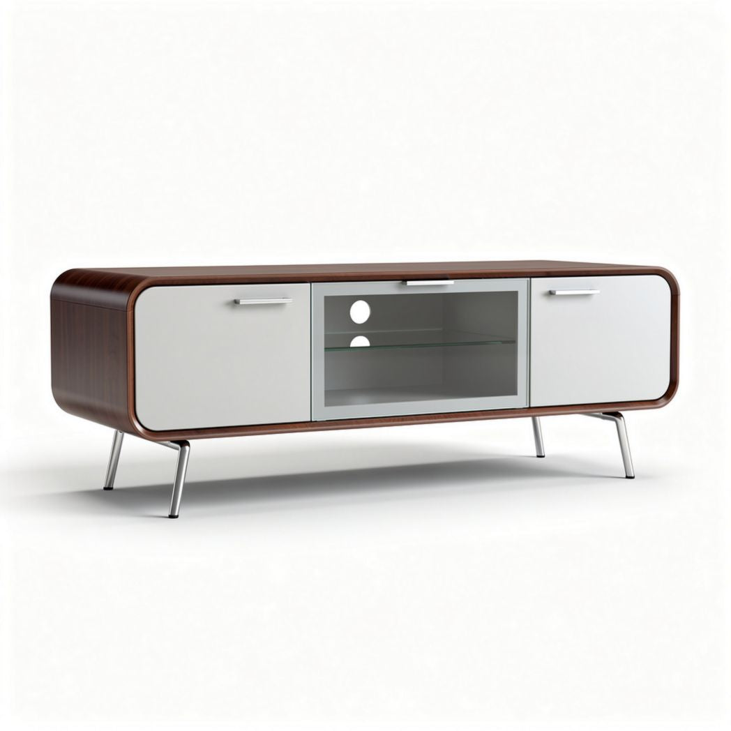 Mobile porta TV in legno con ante bianche e ripiano in vetro 150 x 40 x 50cm