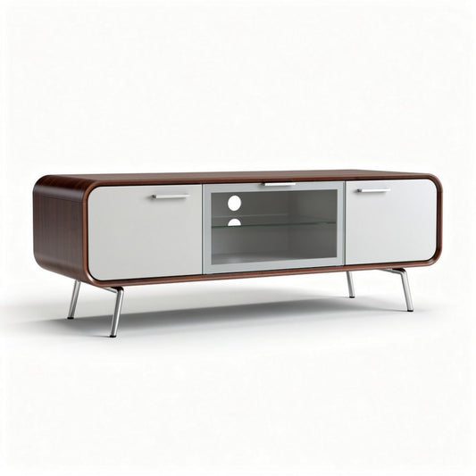 Mobile porta TV in legno con ante bianche e ripiano in vetro 150 x 40 x 50cm