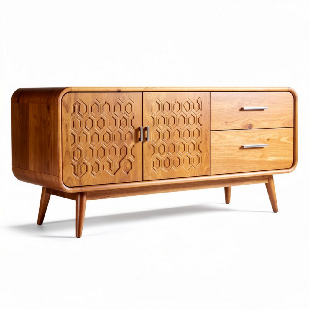 Mobiletto in legno con motivi esagonali e due cassetti 150 x 40 x 70cm