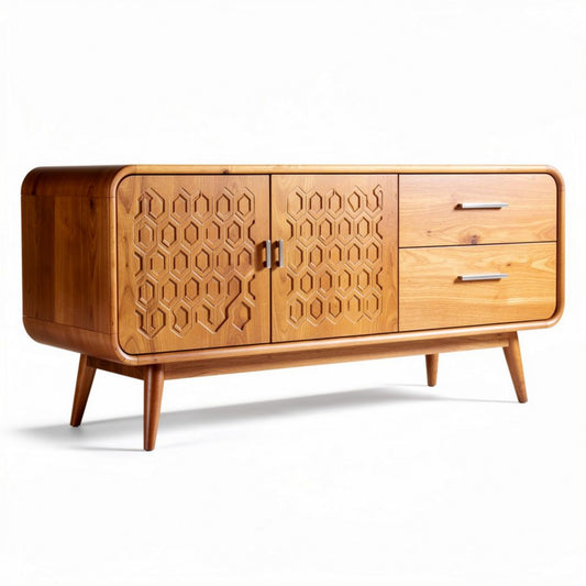 Mobiletto in legno con motivi esagonali e due cassetti 150 x 40 x 70cm