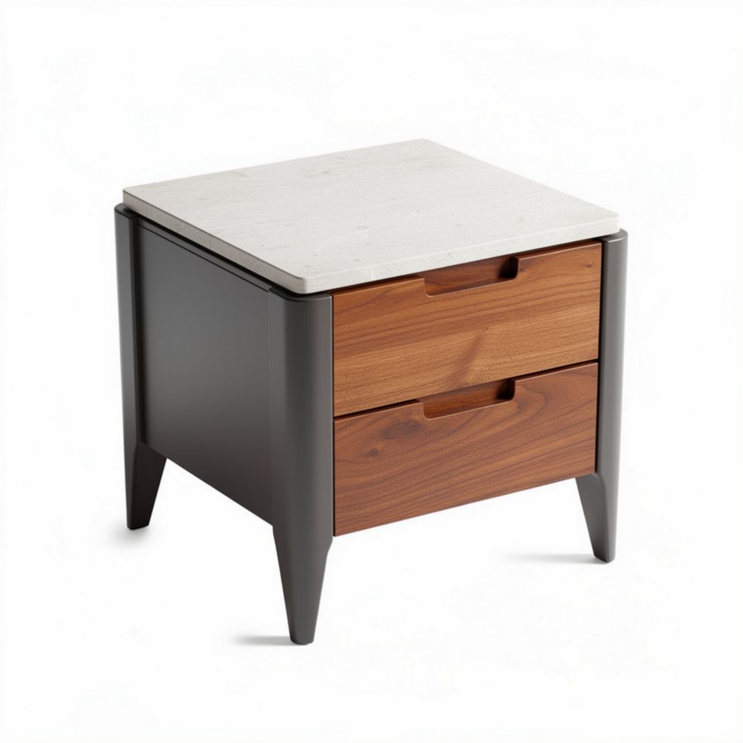 Comodino in legno con piano in marmo bianco e due cassetti 50 x 50 x 50cm