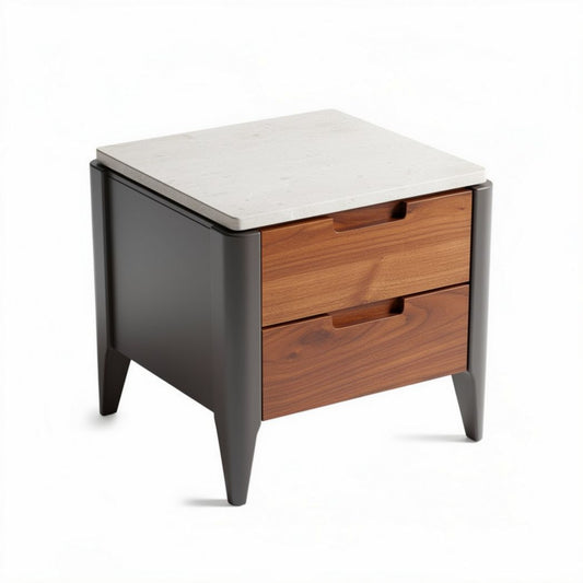 Comodino in legno con piano in marmo bianco e due cassetti 50 x 50 x 50cm