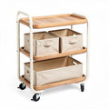 Carrello in legno di pino con 3 ceste in tessuto beige e ruote 80 x 40 x 90cm