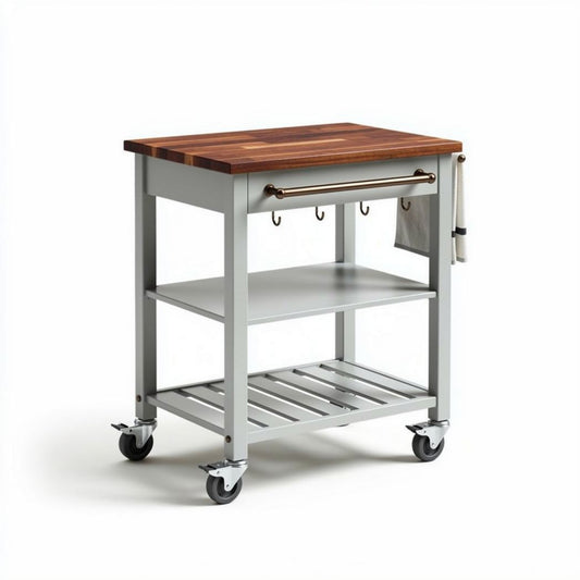 Carrello da cucina con piano in legno e struttura metallica 75 x 57 x 90cm