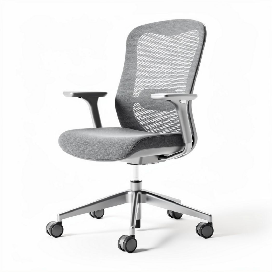 Sedia ergonomica in rete grigia per ufficio con braccioli e ruote